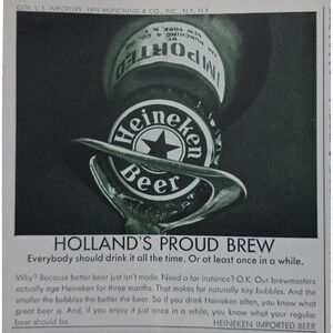 1964‎ Vintage Heineken Beer Advertisement "Holland's Proud Brew" Retro Print